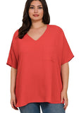 PLUS SIZE WOVEN AIRFLOW V-NECK DOLMAN SHORT SLEEVE TOP