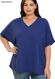 PLUS SIZE WOVEN AIRFLOW V-NECK DOLMAN SHORT SLEEVE TOP