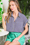 SHORT ROLL-UP SLEEVE STRIPE SHIRT TOP