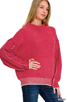 OVERSIZED MOCK NECK RAW SEAM CHENILLE SWEATER