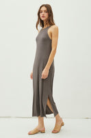 RIBBED KNIT SIDE SLIT SLEEVELESS TANK MAXI DRESS