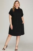 DROP SHOULDER BUTTON UP WOVEN SHIRT DRESS (Regular and Plus Size)