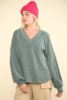 Two Tone Otto Ribbed V-Neck Oversized Knit Top