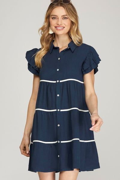 RUFFLE SLEEVE WOVEN TIERED BUTTON DOWN DRESS (Regular and Plus Sizes)