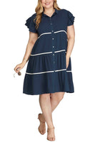 RUFFLE SLEEVE WOVEN TIERED BUTTON DOWN DRESS (Regular and Plus Sizes)