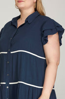 RUFFLE SLEEVE WOVEN TIERED BUTTON DOWN DRESS (Regular and Plus Sizes)