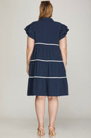 RUFFLE SLEEVE WOVEN TIERED BUTTON DOWN DRESS (Regular and Plus Sizes)