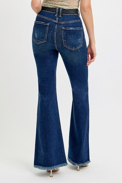 Risen TUMMY CONTROL HIGH RISE FLARE FRAYED HEM JEANS with Belt