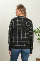 GRID PRINT CREW NECK KNIT PULLOVER SWEATER