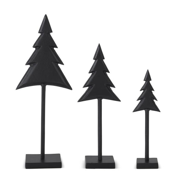 3 Matte Black Metal Christmas Trees on Spindles Various Sizes