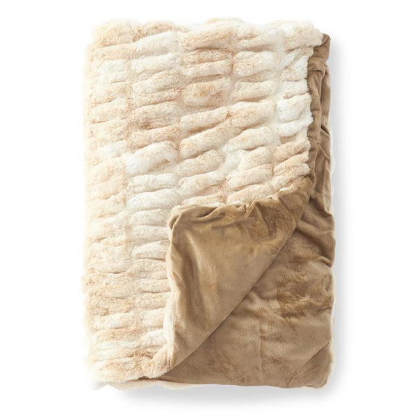 60 INCH CREAM & TAN RIBBED FAUX FUR THROW