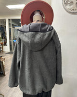 La Meil Fleece Zip up Coat with Faux Leather Detail