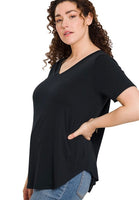 PLUS SHORT SLEEVE V-NECK ROUND HEM TOP