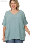 PLUS SIZE WOVEN AIRFLOW V-NECK DOLMAN SHORT SLEEVE TOP