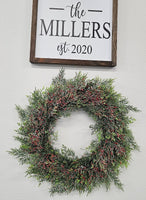 FAUX PINE AND RED BERRY WREATH WITH GLITTER ACCENT