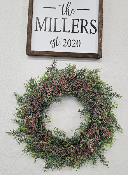 FAUX PINE AND RED BERRY WREATH WITH GLITTER ACCENT