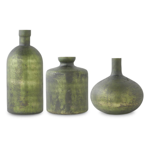 ANTIQUE OLIVE GREEN MATTE GLASS BOTTLE VASES ( 3 Styles Sold Separate)