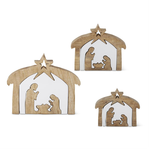 Wood Nativity w/White Enameled Center Cutouts (3 Sizes Sold Separate)