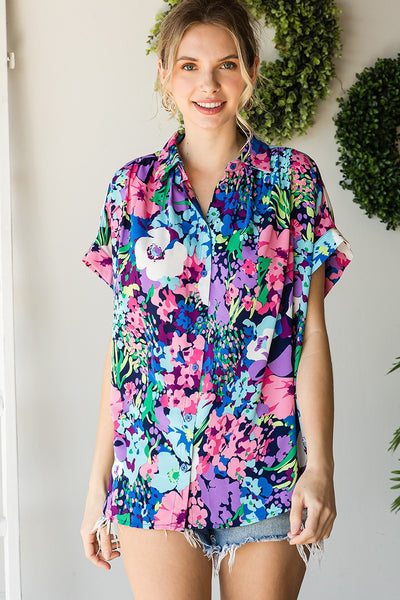 Floral Print Collared Button-Up Top