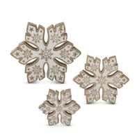 MANGO WOOD SNOWFLAKES W/WHITE EMBOSSED CENTERS (3 Sizes, Sold Separate)