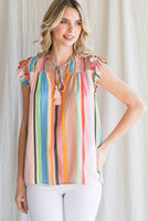 Striped Print Tassel Tie Neck Top