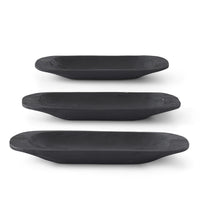 3  VARIOUS SIZED BLACK CARVED OVAL PAULOWNIA WOOD TRAYS