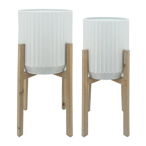 White Planter on Wood Stands