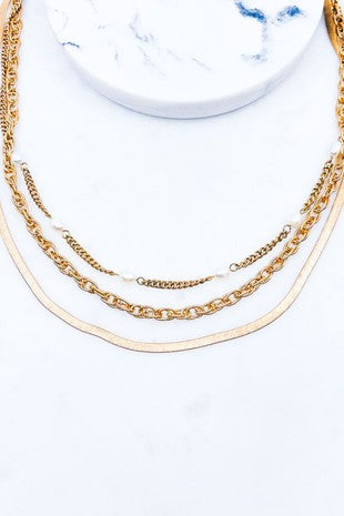 Mac Three Strand Gold & Pearl Necklace