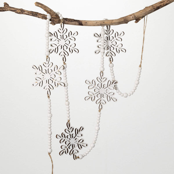 White Snowflake and Bead Wooden Garland