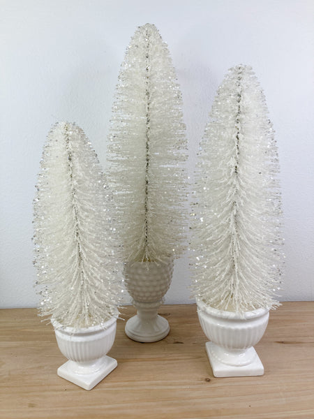 Glittered White Bottle Brush Trees in Ceramic Pots