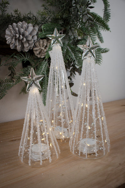 Clear LED Trees with Silver Bead Garland