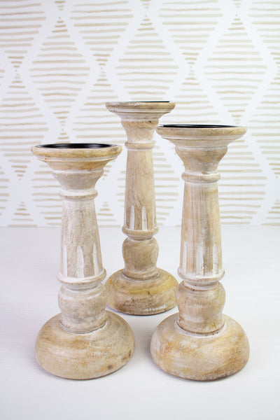 White Washed Carved Wooden Candle Stands